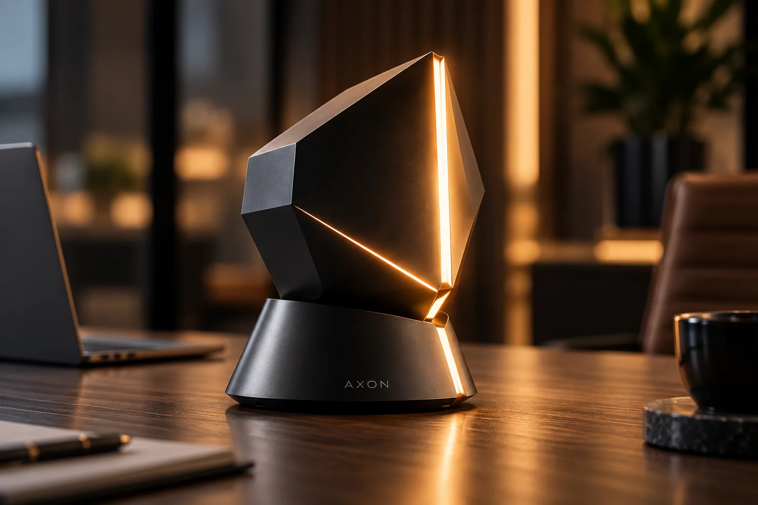 AXON v provedení Graphite na jednacím stole. Svislý a diagonální světelný pás svítí jantarově.